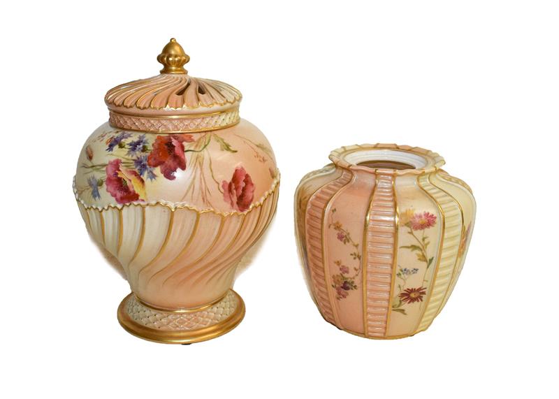 A Royal Worcester peach ground pot pourri vase and cover, painted with summer flowers and insects