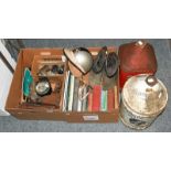 Motoring interest, two boxes of assorted including motorcycling boots, vintage pudding basin helmet,