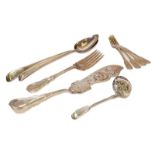 A collection of silver and silver plate flatware, the silver comprising a Fiddle Thread pattern