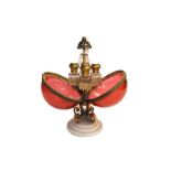 A 19th century French pedestal scent casket, spherical cranberry glass with gilt metal mounts,