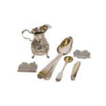 A collection of silver, including a George II silver cream jug, a nurses belt, a silver and mother