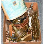 A box of metalwares, wooden items and glass etc including barometer, toasting forks, Chinese grain