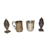A collection of silver, comprising a pair of neo-classical pepperettes, by Hawksworth, Eyre & Co