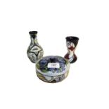 Two modern Moorcroft vases Dew Drop, 11cm and Rain Daisy, 14cm and a Remembrance box and cover,