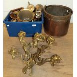 A pair of Rococo style gilt metal three-branch wall lights, Victorian copper coal bucket and a box