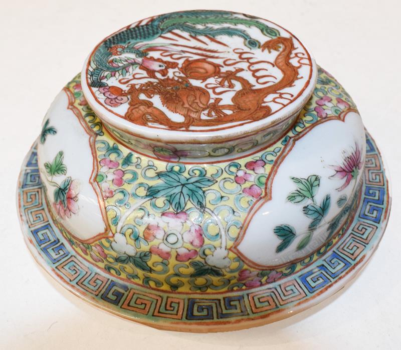 A 19th century Chinese famille rose bowl and cover, yellow ground with lotus scrolls and having - Image 5 of 7