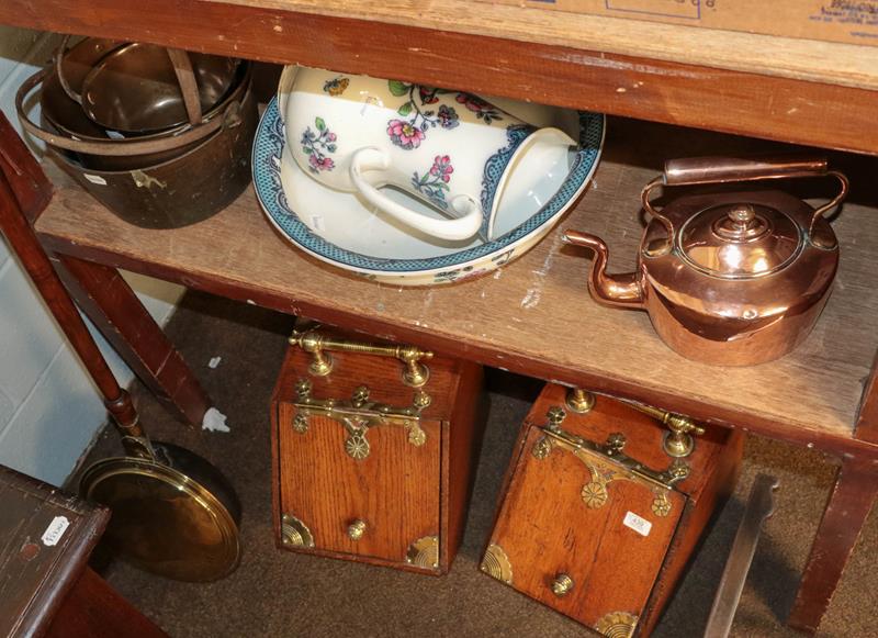 A pair of early 20th century brass mounted oak coal purdonium (one with shovel lacking), 19th