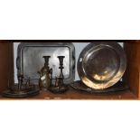 Pewter including Arts & Crafts, twin-handled tray, 19th century charges, candlesticks etc (one