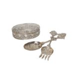 A Continental silver box and a pair of serving spoons, probably German, late 19th/early 20th