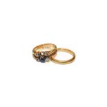 A 22 carat gold band ring, finger size R; and an 18 carat gold synthetic sapphire and diamond