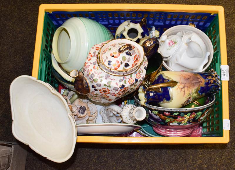 Three boxes of ceramics and glass including a Royal Crown Derby Derby Posies tea service, Shelley