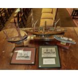 Scratch built ship models PS Sirius, Admirals Pinnace 1924 and Cormorant and two prints (5)