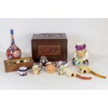 A Mah Jong set in carved case, together with a tray of assorted items including two Meerschaum