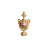 A Royal Worcester bulbous vase and cover painted with summer flowers on a peach ground with twin