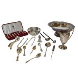 A collection of silver and silver plate, the silver including a James I silver seal top spoon, by