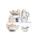 A tray of mainly 18th century Newhall porcelain including coffee pot and cover, painted in