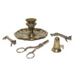 A silver plated chamber stick and snuffer together with with other plated wares (5)