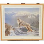 A signed oil on canvas of a continental street view together with two snow leopard prints, one by