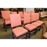 Set of ten oak framed dining chairs in 17th century style, eight chairs and two carvers