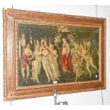 Premavera, after Sandro Botticelli print in a wide gilt frame, 57cm by 88cm