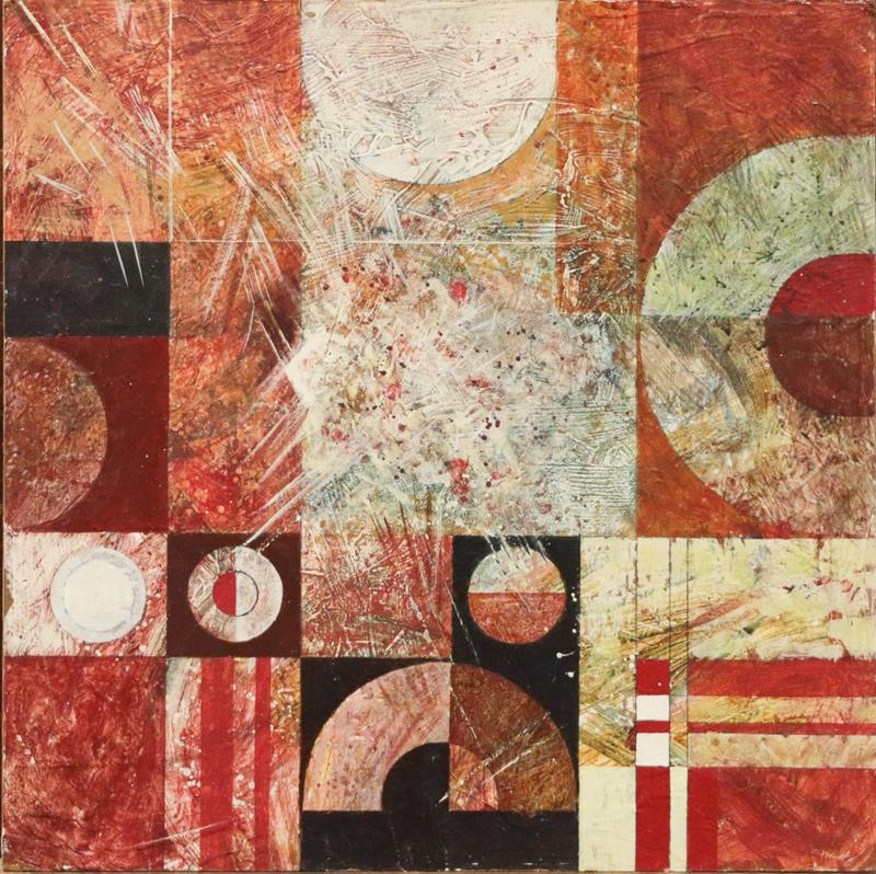 Gerald French (contemporary) Red and Brown with White Square, acrylic on board, unframed, 61cm by