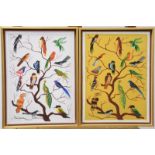 A pair of contemporary pictures of birds in a tree, mixed media on canvas, 47cm by 34.5cm (2)