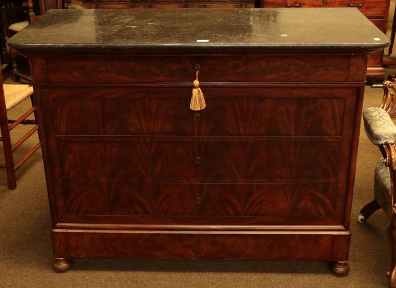 A mid 19th century mahogany marble-topped commode chest, 130cm by 57cm by 97cm