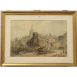 Paul Marny (1829-1914) Gateway to Medieval town, Signed, watercolour, 37cm by 57.5cm