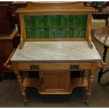 A Victorian satin-wood marble-topped washstand with Art-Noveau tiled splash back, 110cm by 46cm by