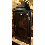 A Georgian chinoissere lacquered hanging corner cupboard decorated with cockrels, 54cm by 28cm by