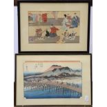 Six Japanese Meiji period woodblock prints together with a Japanese text with illustrations and a