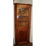A George III standing mahogany corner cupboard with astralgal glazed top section, 90cm by 53cm by