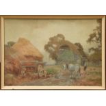 E.W Haselhurst (1866-1949) A cottage near a river, signed watercolour, 34.5cm by 52cm, together with