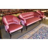 A Edwardian mahogany framed three-part parlour suite, upholstered in blush pink velvet comprising