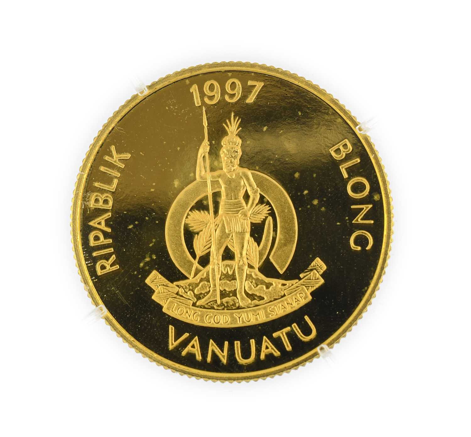 Vanuatu Gold Proof 100 Vatu 1997, commemorating Queen Mother 'Lady of the Century' obv. Queen Mother - Image 2 of 2