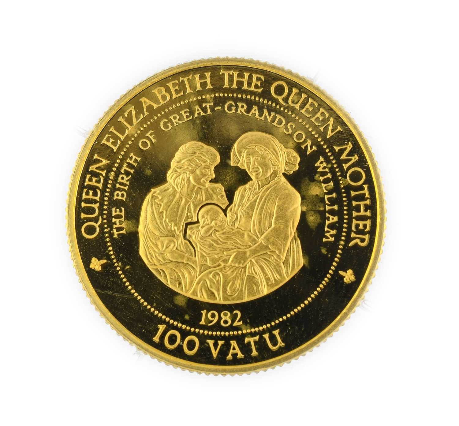 Vanuatu Gold Proof 100 Vatu 1997, commemorating Queen Mother 'Lady of the Century' obv. Queen Mother