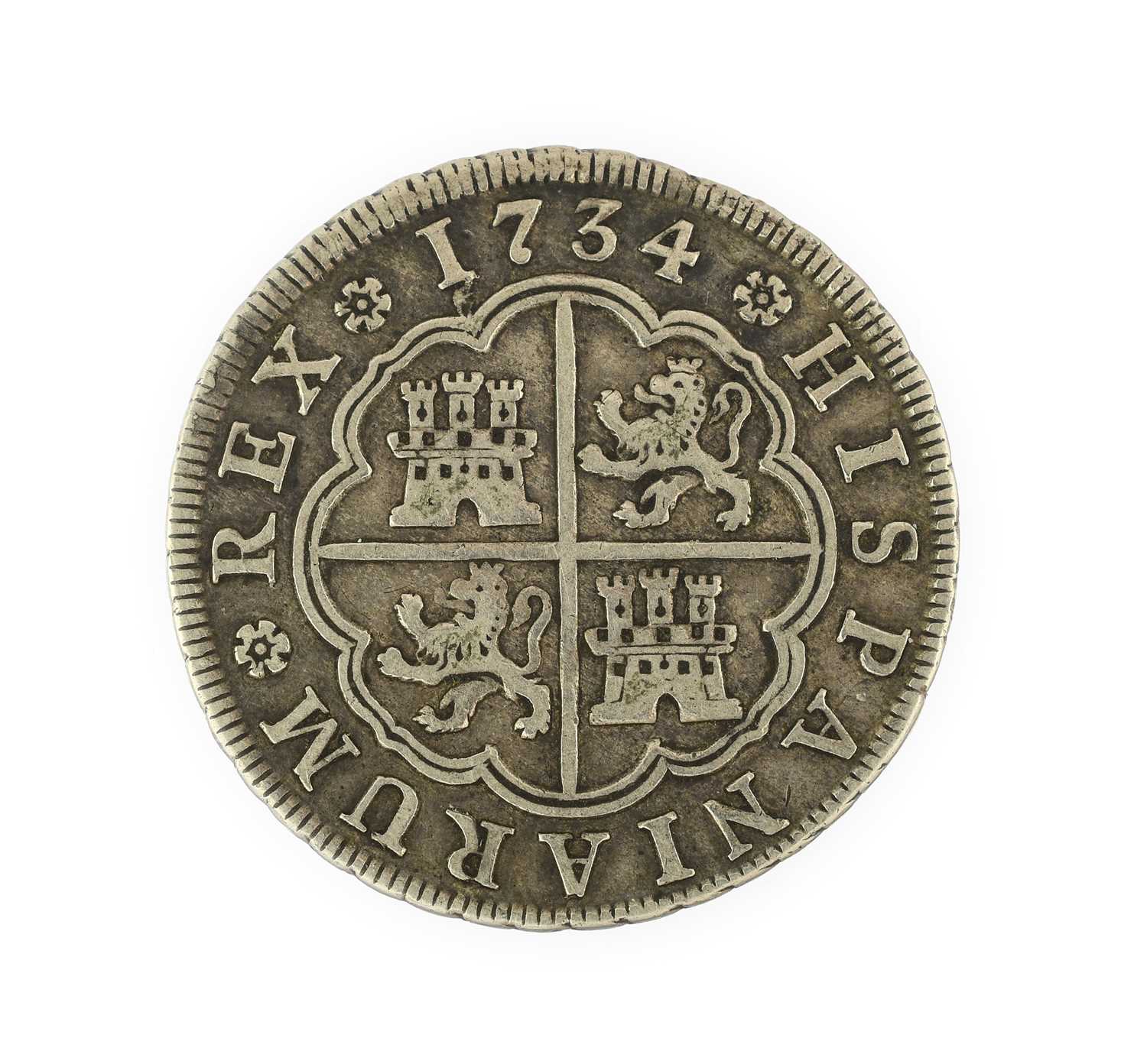 Spain, Silver 4 Reales 1734 JF, obv. PHILIPPUS V D G around crowned Shield of Arms, crowned M (