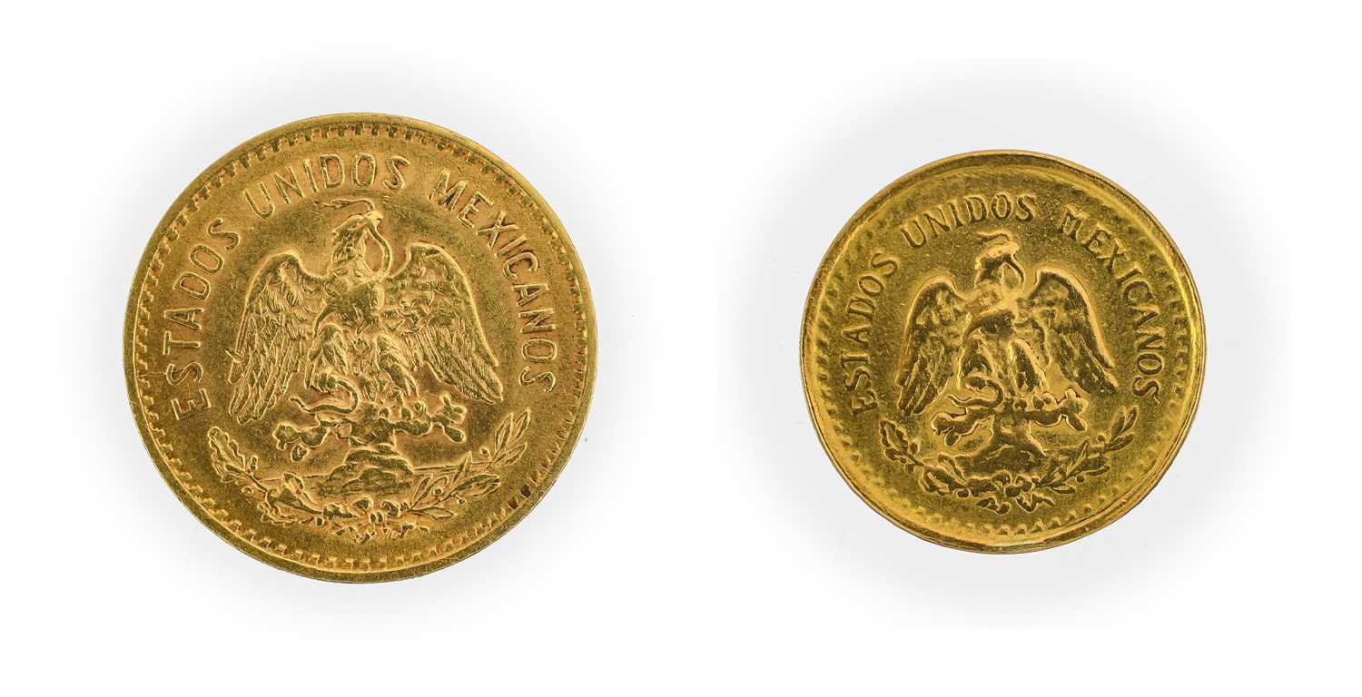 Mexico, Gold 5 Pesos 1920, 4.18g GFine/VF & gold 2½ pesos 1945, 2.06g Fine, both .900 gold, both - Image 2 of 2