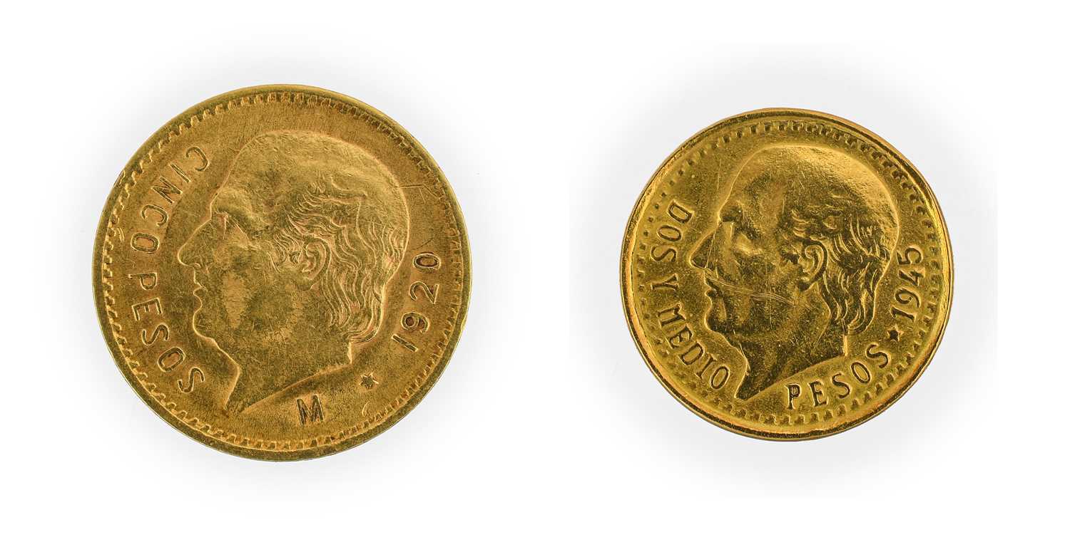 Mexico, Gold 5 Pesos 1920, 4.18g GFine/VF & gold 2½ pesos 1945, 2.06g Fine, both .900 gold, both