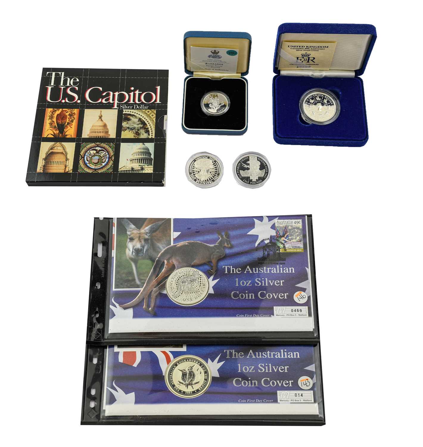 A Collection of 5 x Silver Proof Coins comprising: UK £5 1993 '40th Anniversary of the