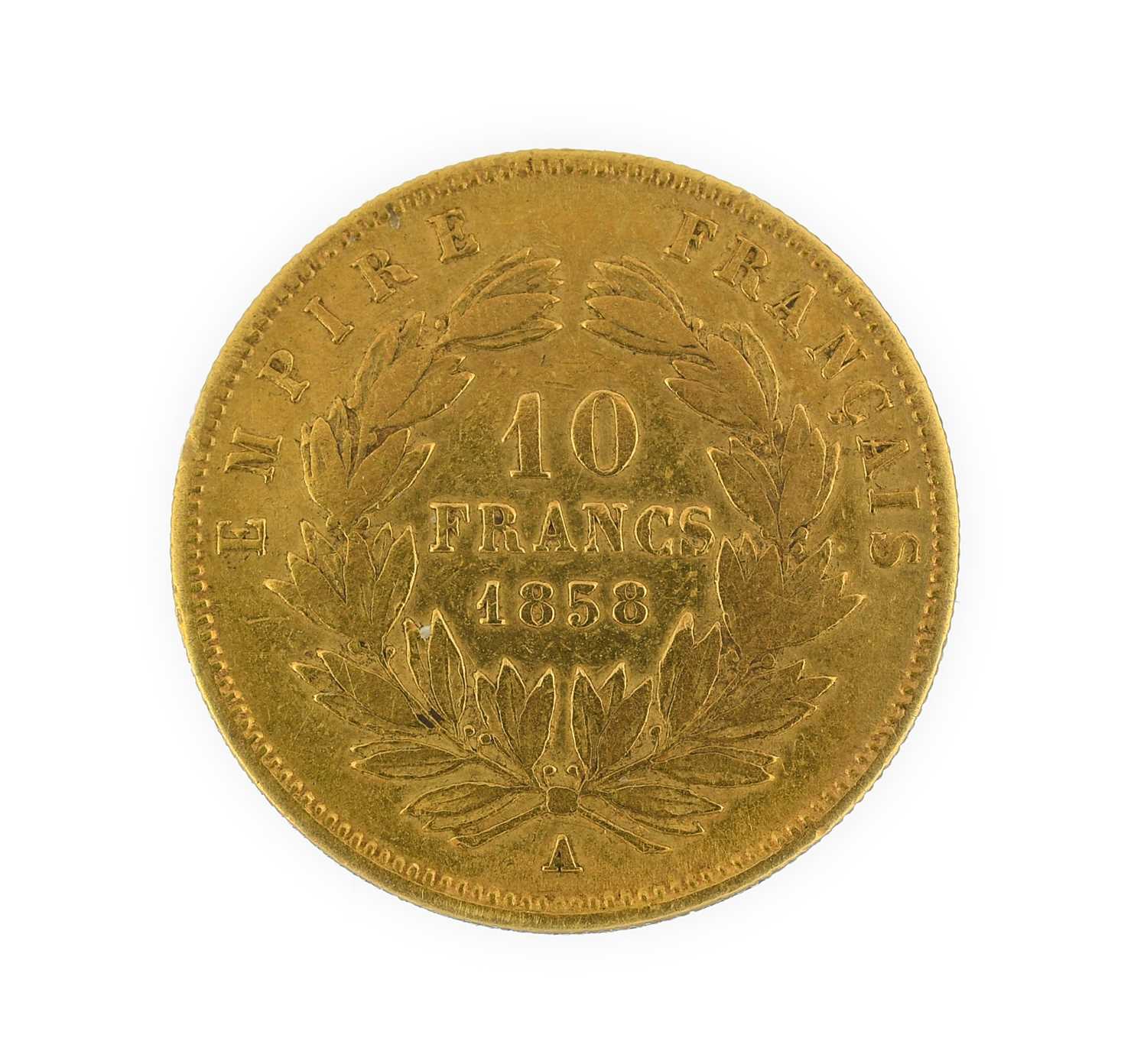 France, Gold 10 Francs 1858A, obv. 'NAPOLEON III EMPEREUR' around bust, rev. 'EMPIRE FRANÇAIS' & - Image 2 of 2
