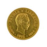 Cuba, Gold 20 Pesos 1915, obv. portrait of Jose Marti, rev. wreath around shield of arms, .900 gold,