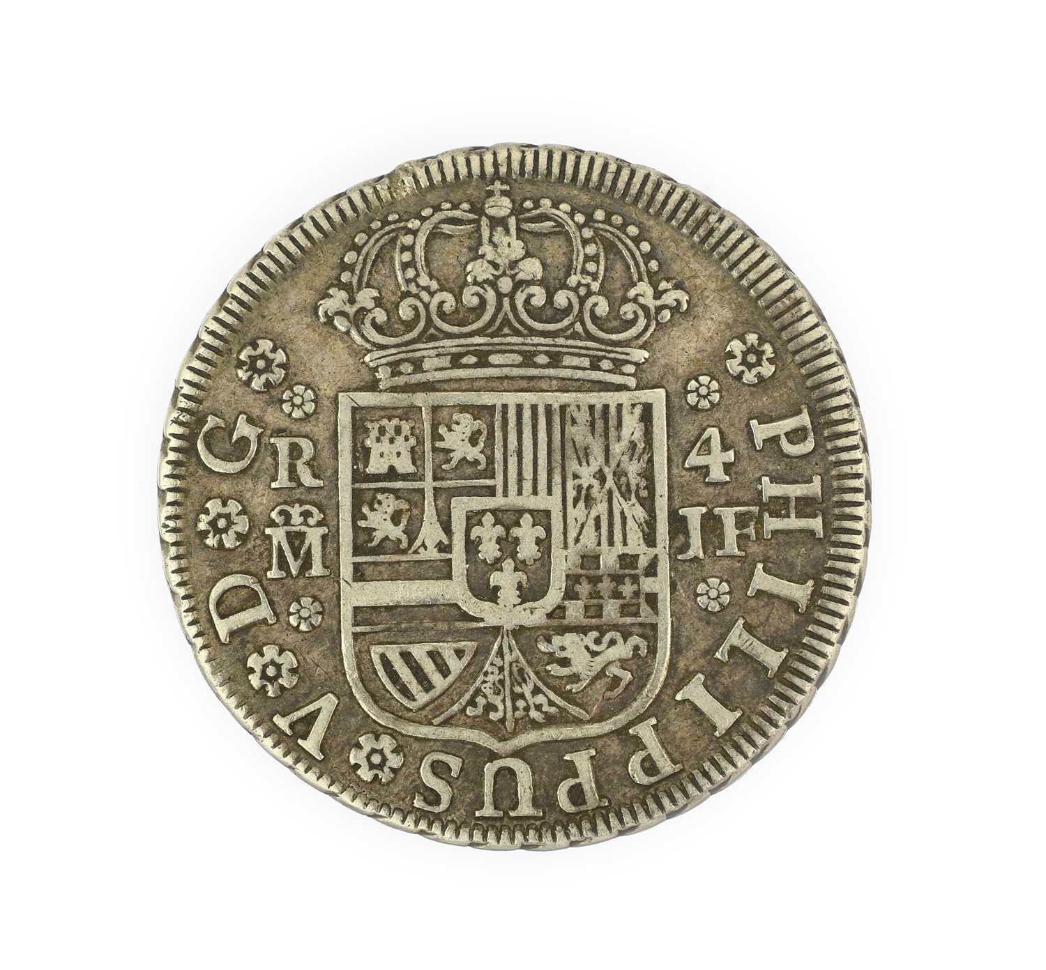 Spain, Silver 4 Reales 1734 JF, obv. PHILIPPUS V D G around crowned Shield of Arms, crowned M ( - Image 2 of 2