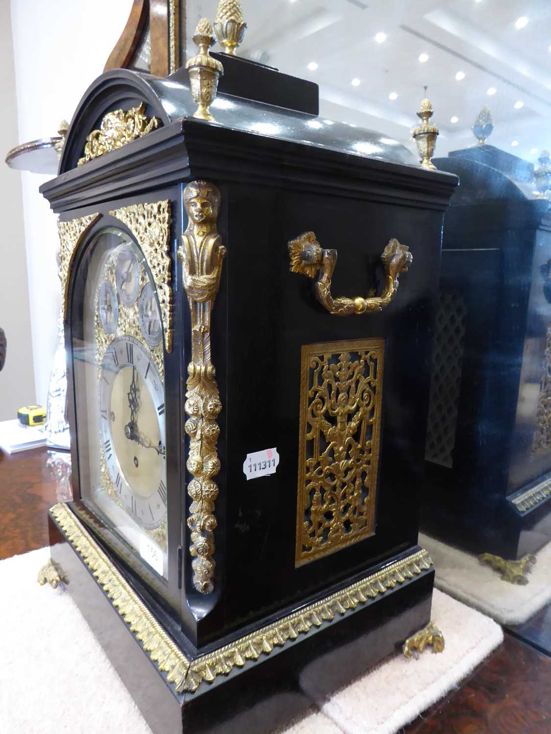 A Victorian Chiming Table Clock, circa 1870, ebonised and gilt metal mounted case, arch pediment - Image 3 of 8