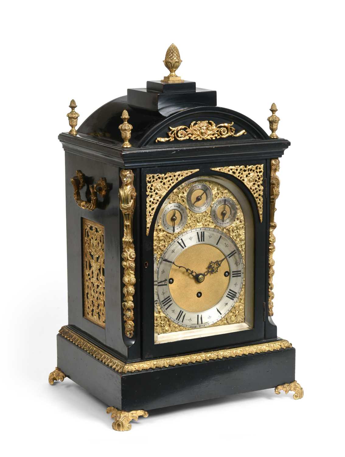 A Victorian Chiming Table Clock, circa 1870, ebonised and gilt metal mounted case, arch pediment