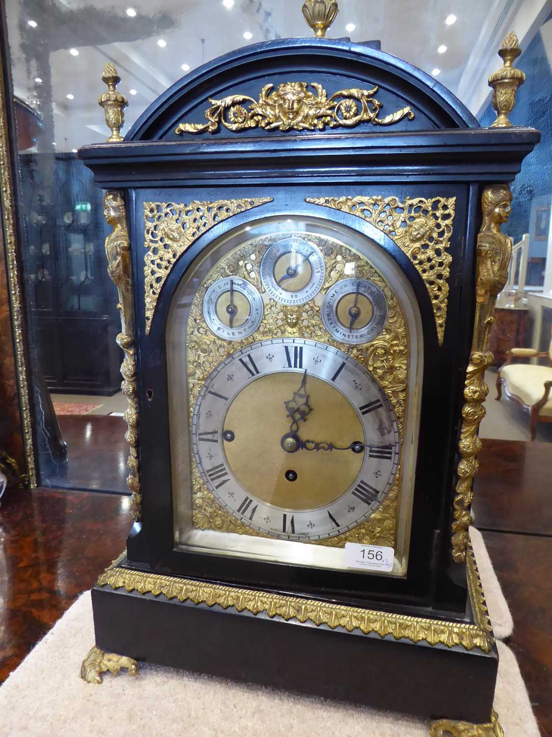 A Victorian Chiming Table Clock, circa 1870, ebonised and gilt metal mounted case, arch pediment - Image 2 of 8