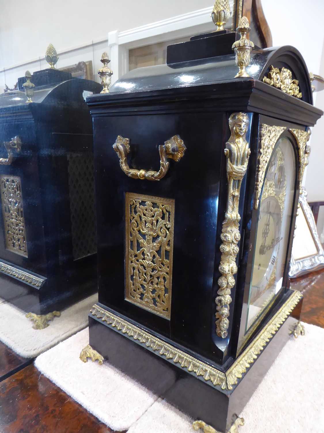 A Victorian Chiming Table Clock, circa 1870, ebonised and gilt metal mounted case, arch pediment - Image 4 of 8