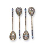 A Set of Four Russian Silver and Enamel Spoons, by Nicholai Zugeryev, Moscow, 1908-1914, the back of