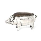 An Edward VII Silver Pin-Cushion, by Britton, Gould and Co., Birmingham, 1905, in the form of a pig,