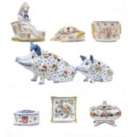 A quantity of Continental faience pottery, mainly Rouen including two novelty pig formed bud vases /
